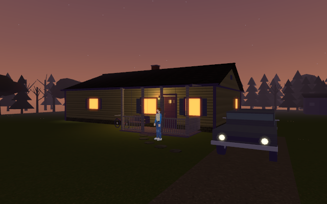 Will's house: the Byers house at dusk with lit windows and the porch light on