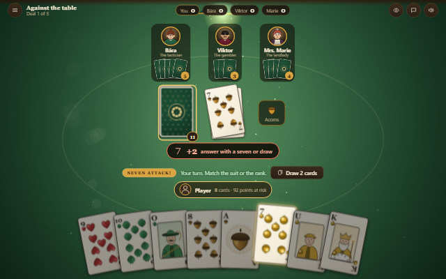 Prší: a hand of Czech playing cards on a tavern table