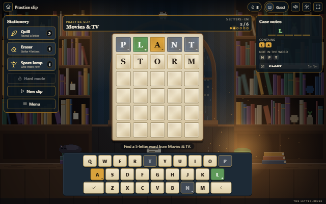 Word Guess: a typewriter bookshop with a five-row letter board